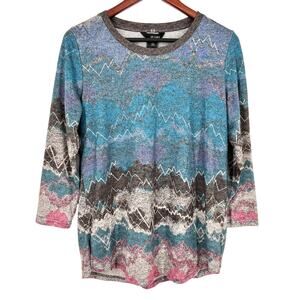 Ali Miles Sz Medium Wearable Art to Wear Blue Pink Cozy Knit Blouse Shirt Top